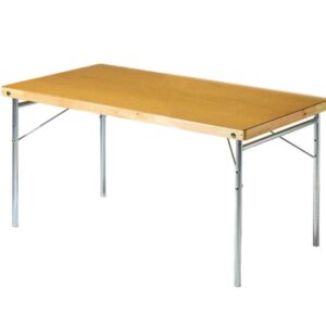 Hopfällbart masonitbord i ljus träfinish med ben i aluminium