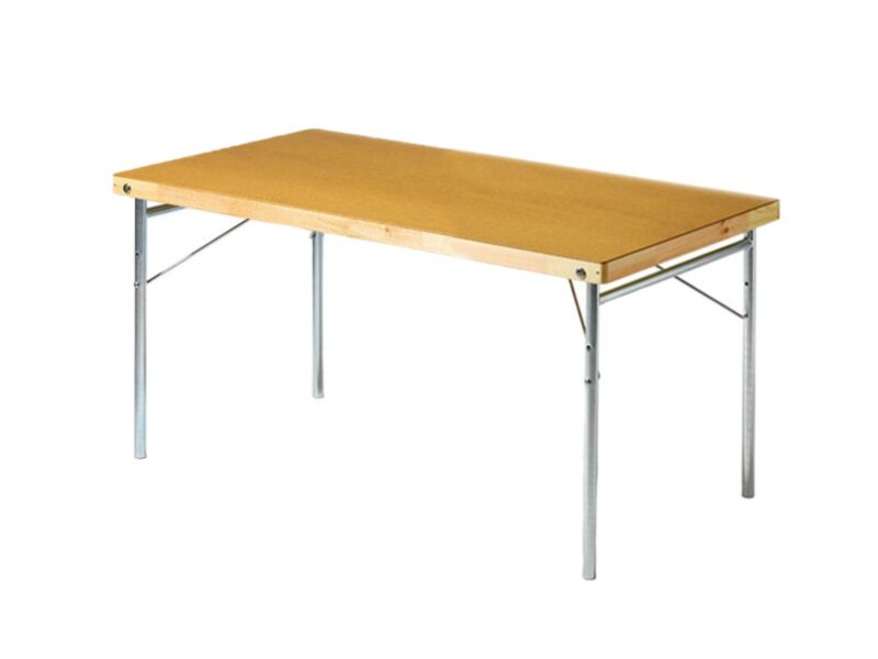Hopfällbart masonitbord i ljus träfinish med ben i aluminium