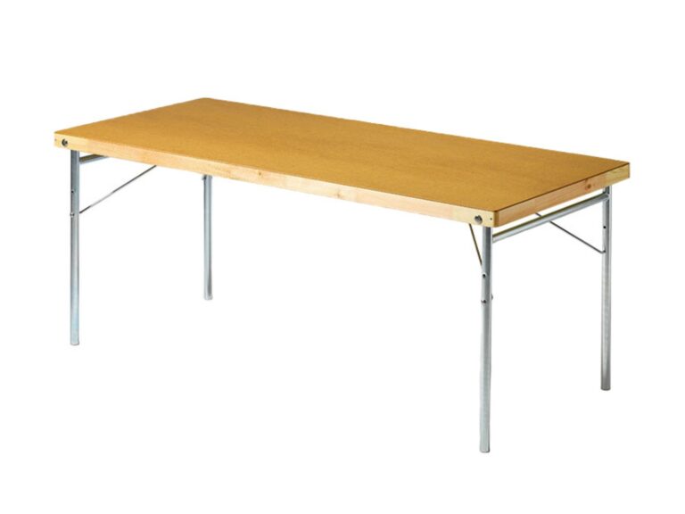 Hopfällbart masonitbord i ljus träfinish med ben i aluminium