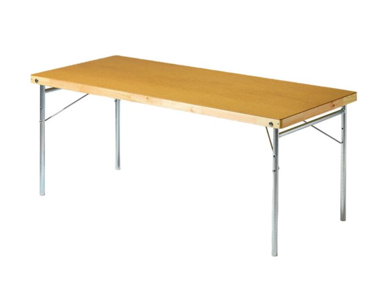 Hopfällbart masonitbord i ljus träfinish med ben i aluminium