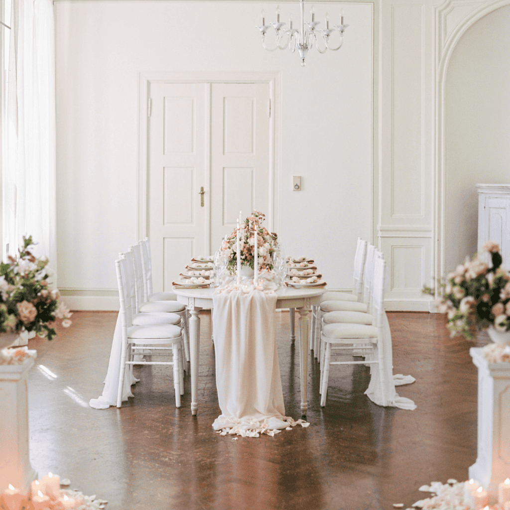 Bröllopsbild med vita chiavaristolar och vita dynor