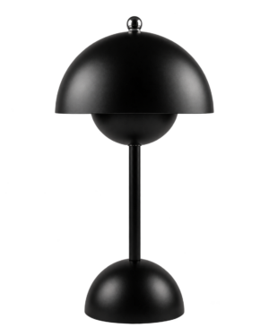 Svart modern bordslampa med rund bas och kupolformad skärm.