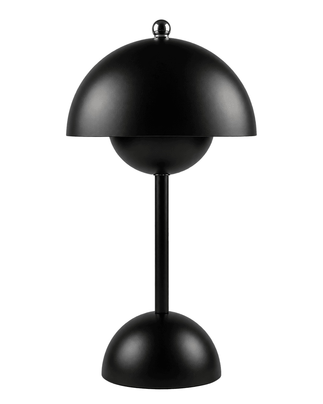 Svart modern bordslampa med rund bas och kupolformad skärm.