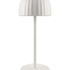Svart laddningsbar bordslampa med modern design och rund lampskärm.