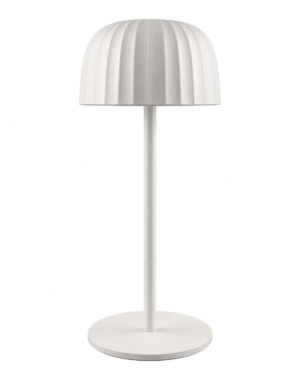 Svart laddningsbar bordslampa med modern design och rund lampskärm.